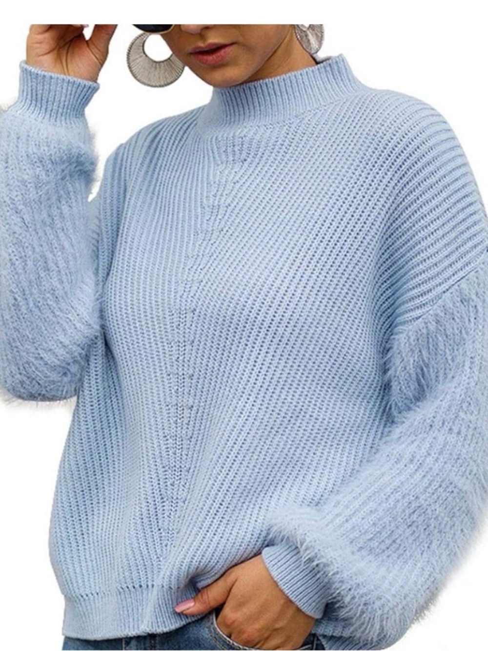 Soft Knit Light Blue Mock Neck Sweater